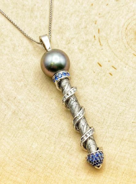 18 karat white gold meteorite, Tahitian cultured pearl, diamond and blue sapphire necklace. One of a kind.  $5490.00***SOLD***