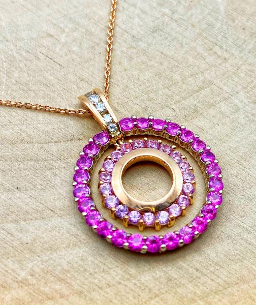18 karat rose and white gold pink sapphire and diamond necklace. $2100.00 **SOLD**