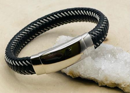 Stainless Steel woven black leather and wire adjustable bracelet. $75.00