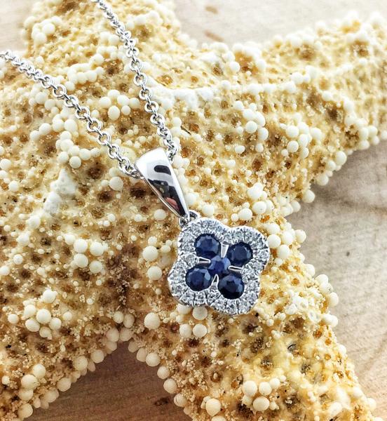 14 karat white gold blue sapphire and diamond necklace.*sold*