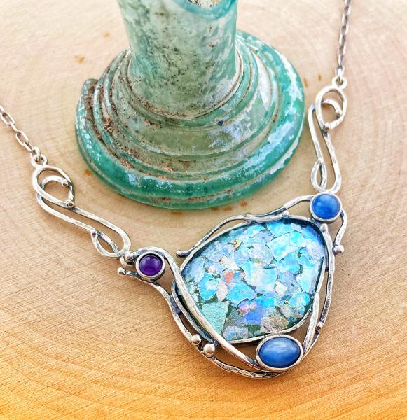 Roman glass necklace accented with amethyst and blue kyanite  *Currently out of stock*