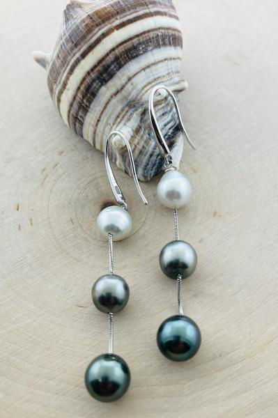 Sterling silver ombre graduated grey Tahitian pearl drop earrings. $320.00