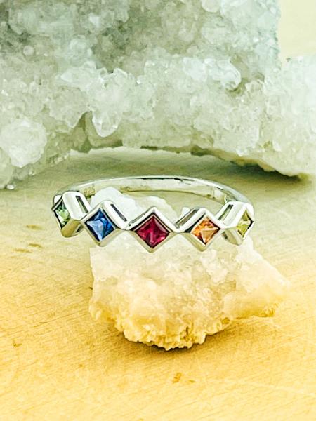 Sterling silver rainbow sapphire princess cut bezel set ring. *sold*