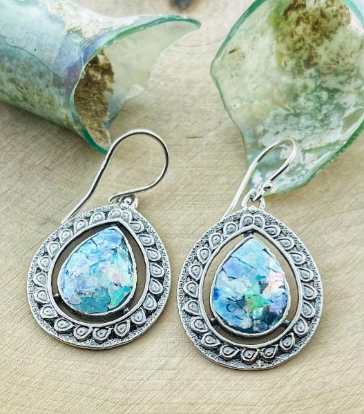 Sterling silver roman glass pear shape peacock earrings.  *Currently out of stock*