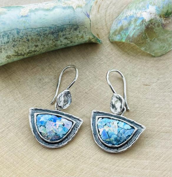 Sterling silver roman glass half moon dangle earrings.  *Currently out of stock*