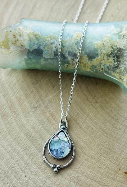 Sterling silver roman glass tear drop pendant on chain. *Currently out of stock*