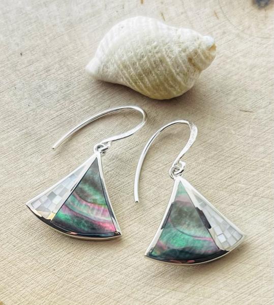 Sterling silver abalone mother of pearl dangle fan earrings.  *Currently out of stock*