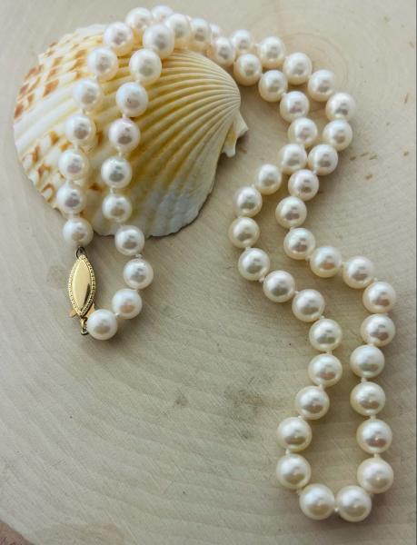 18" Akoya pearl strand 6.5-7mm 14 karat yellow gold clasp.  $1800.00