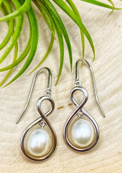 Sterling silver and freshwater cultured pearl infinity earrings. $165.00