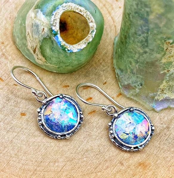 Sterling silver roman glass round with dot detail earrings. $200.00