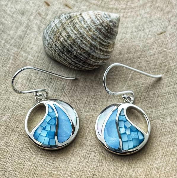 Sterling silver blue mother of pearl mosaic dangle earrings. $135.00