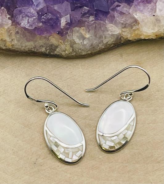 Sterling silver oval white mother of pearl mosaic drop earrings. $80.00 