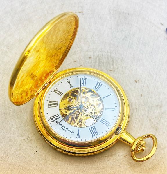 14k yellow gold plated Charles Hubert mechanical pocket watch. $145.00