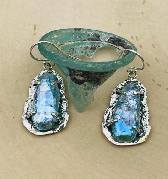Sterling silver free form roman glass drop earrings.  $335.00