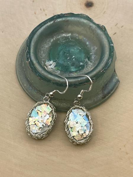 Sterling silver roman glass wire nest oval drop earrings. $425.00