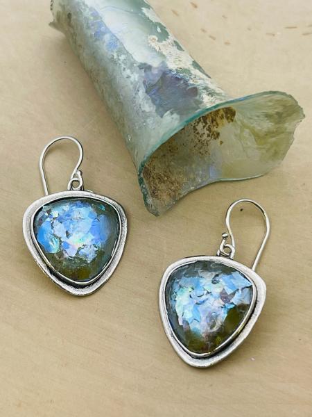 Sterling silver triangle roman glass drop earrings. $255.00