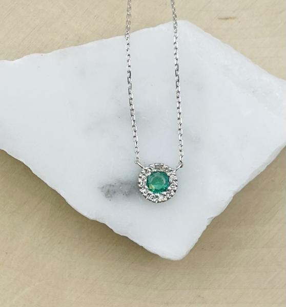 14 karat white emerald and diamond petite halo necklace 16-18" $450.00