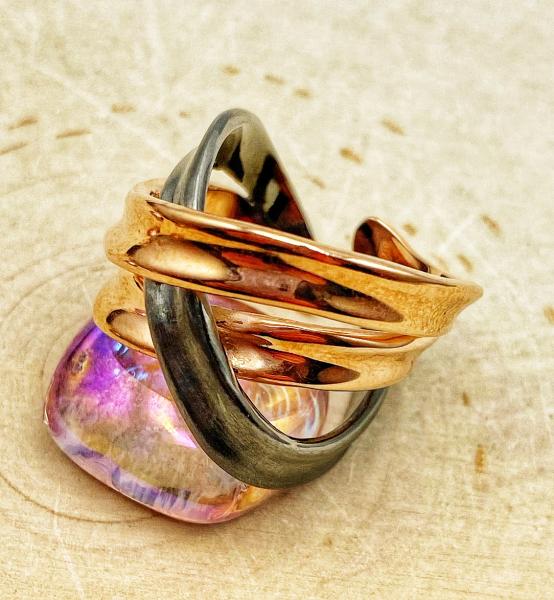 Sterling silver, 18 karat rose gold and ruthenium vermeil ring. $250.00
