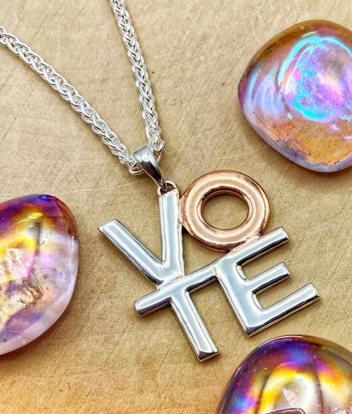 Sterling silver and rose gold vermeil VOTE necklace. $195.00