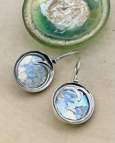 Sterling silver roman glass swirl earrings. $165.00