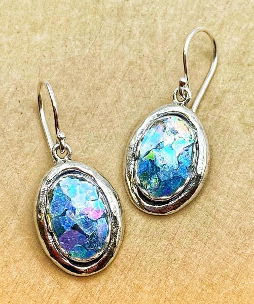 Sterling silver domed oval Roman glass earrings. $190.00 **Sold**
