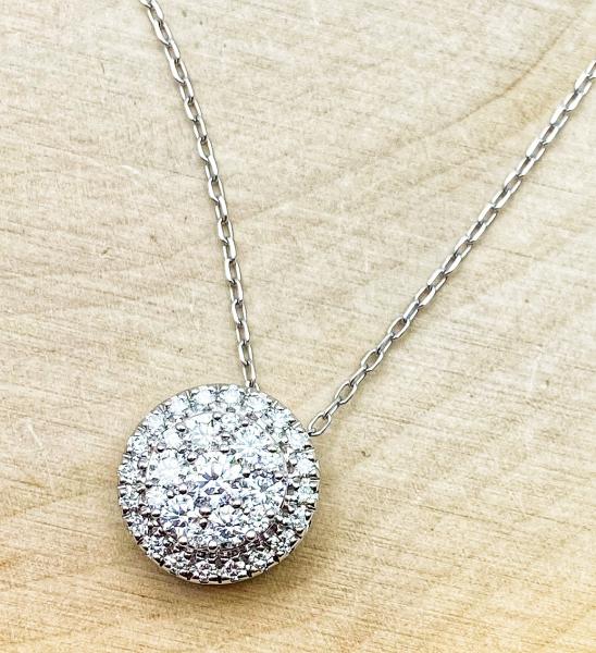 14 karat white gold lab diamond halo cluster necklace totaling 0.75 carat. $1050.00