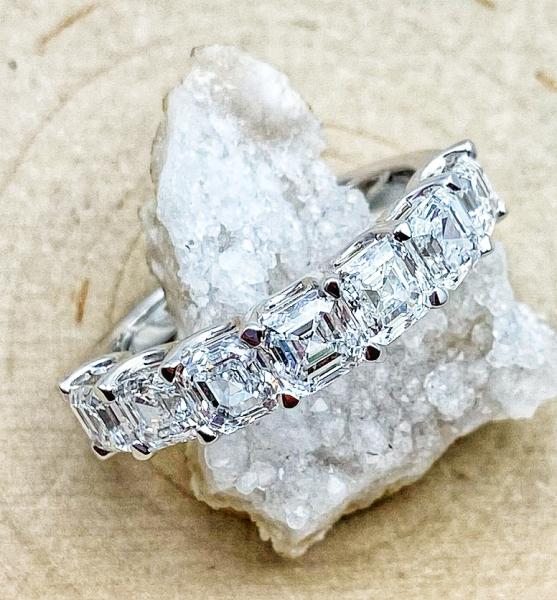 14 karat white gold Ascher cut lab grown diamond anniversary ring totaling 2.50 carats. $3750.00