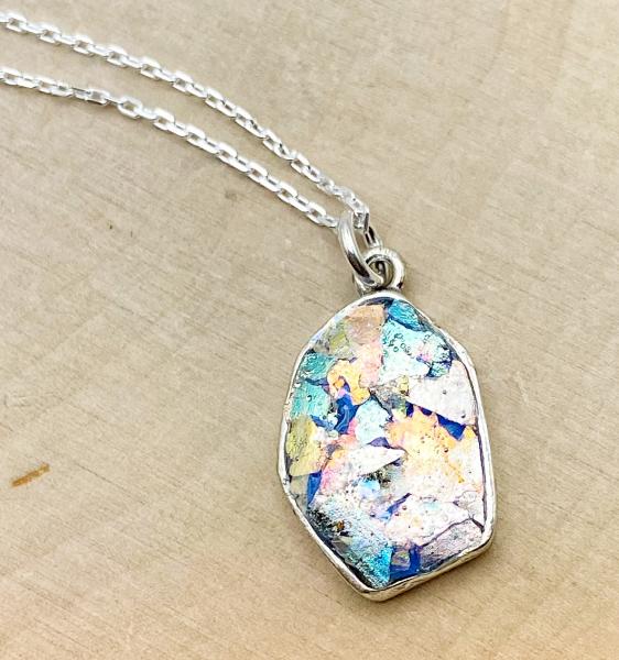 Sterling silver free-form Roman glass necklace. $150.00
