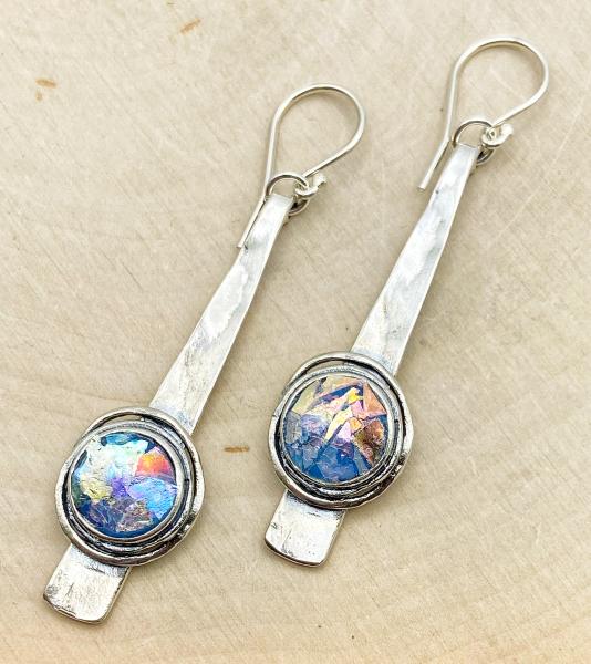 Sterling silver long drop Roman glass earrings. $315.00