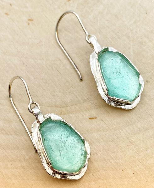 Sterling silver green Roman glass earrings. $250.00
