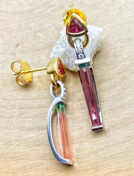 18 karat white and yellow gold baguette cut watermelon tourmaline, pink tourmaline and diamond earrings. $2850.00 ***SOLD***