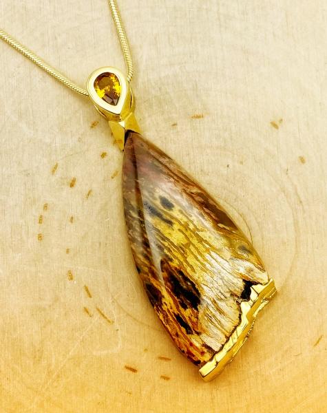 18 karat yellow gold Indonesian petrified wood and citrine necklace. 1 of 1. $4040.00 (with the chain) Designed by Rick Little
