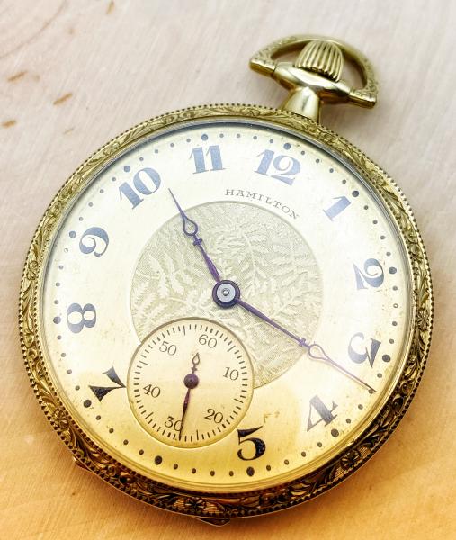 Hamilton pocket watch circa 1922. Gold filled open face style, 17 jewel model 910. $300.00