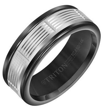 8mm black tungsten with a 14 karat white gold ribbed center. $1200.00
sku 130-10735