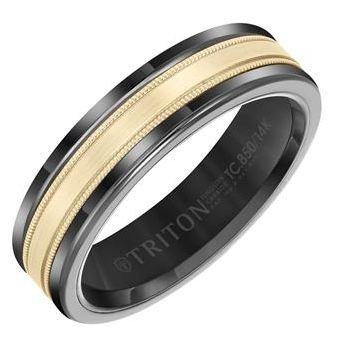 6mm black tungsten with a 14 karat yellow gold milgrain center. $950.00
sku 130-10739