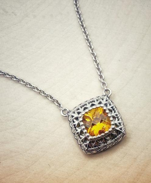 Sterling silver cushion checkerboard cut citrine necklace. $250.00