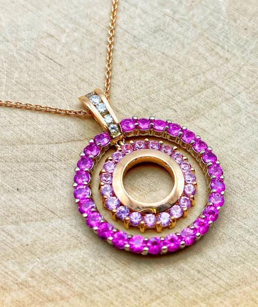 18 karat rose and white gold pink sapphire and diamond necklace. 550-13726