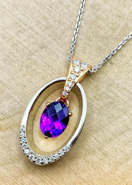 18 karat white and rose gold 1.15 carat amethyst and diamond necklace. 550-13695