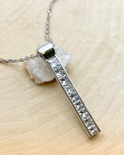 14 karat white gold princess cut lab grown diamond bar pendant. $2875.00