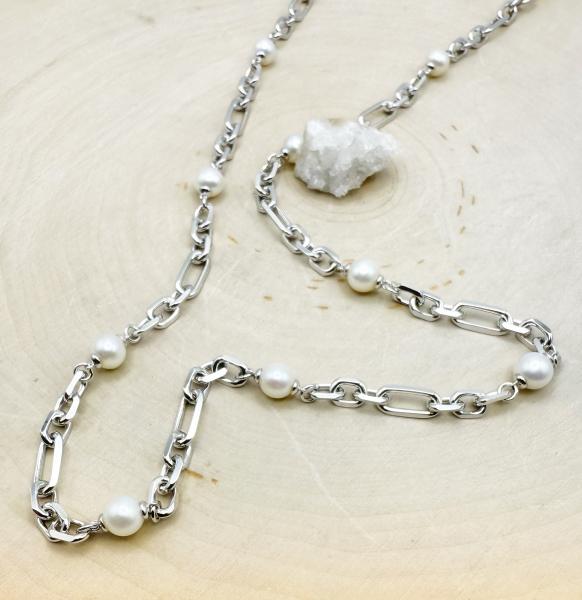 Sterling silver 20" figaro link station freshwater cultured pearl necklace. $480.00
