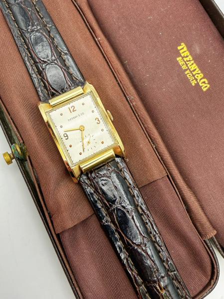 14 karat yellow gold Tiffany & Co. wristwatch. 17 jewel manual wind Concord movement. Original box. Circa 1946. $4200.00