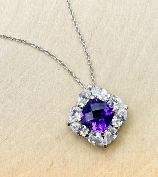 18 Karat white gold 1.44 carat cushion cut amethyst and pear shape lab grown diamond necklace. $2700.00
