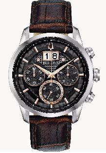Gentlemen's Bulova quartz chronograph with date, rose gold markers, black pleated dial and stainless steel case. $550.00