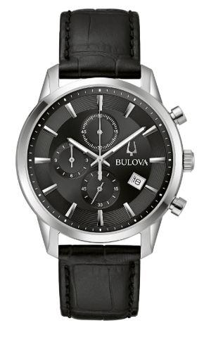 Gentlemen's Bulova quartz chronograph with a black dial and stainless steel case. $395.00