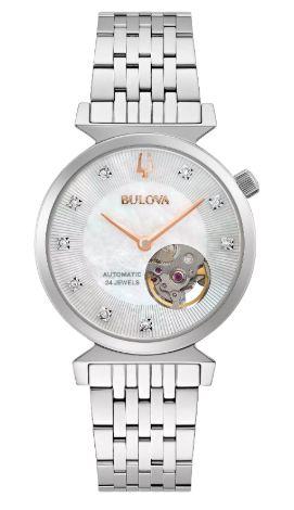 Ladies stainless steel Bulova 24 jewel automatic with rose gold color hands. $695.00