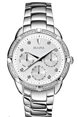 Ladies stainless steel Bulova chronograph with a diamond bezel and markers.$499.00