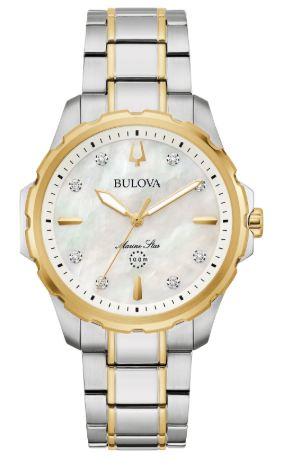 Ladies 2tone Bulova Marine Star with mother pearl dial and diamond markers. $525.00