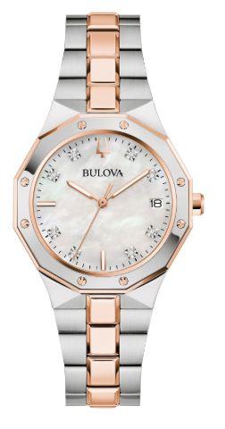 Ladies rose gold and stainless steel Bulova with a mother of pearl dial and diamond markers. $625.00