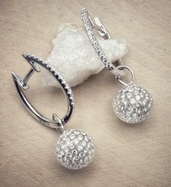 Solare diamond ball dangles earrings. Diamonds set in clear carbon composite. $2675.00