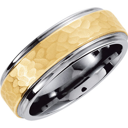 Tungsten with a hammered finish yellow gold inlay. Style  stutar539asp.
